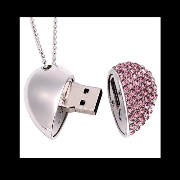 Pink/Silver Heart Pendant w/ 128gb Flash Dr - Picture 2 of 3